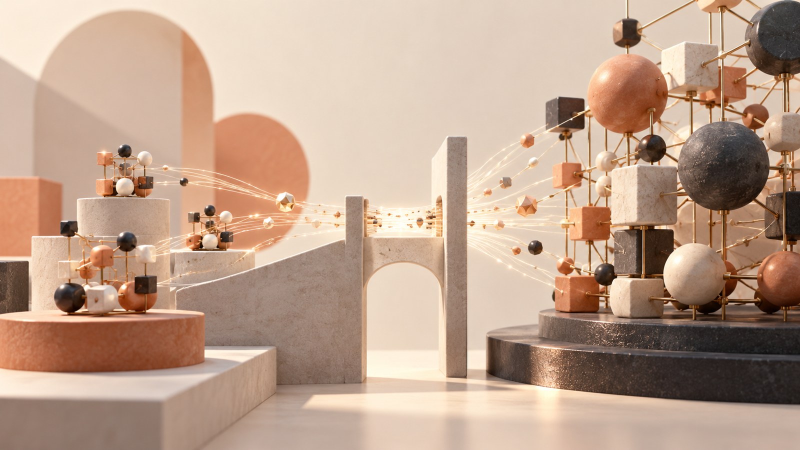 Abstract terracotta structures linked by evidence threads