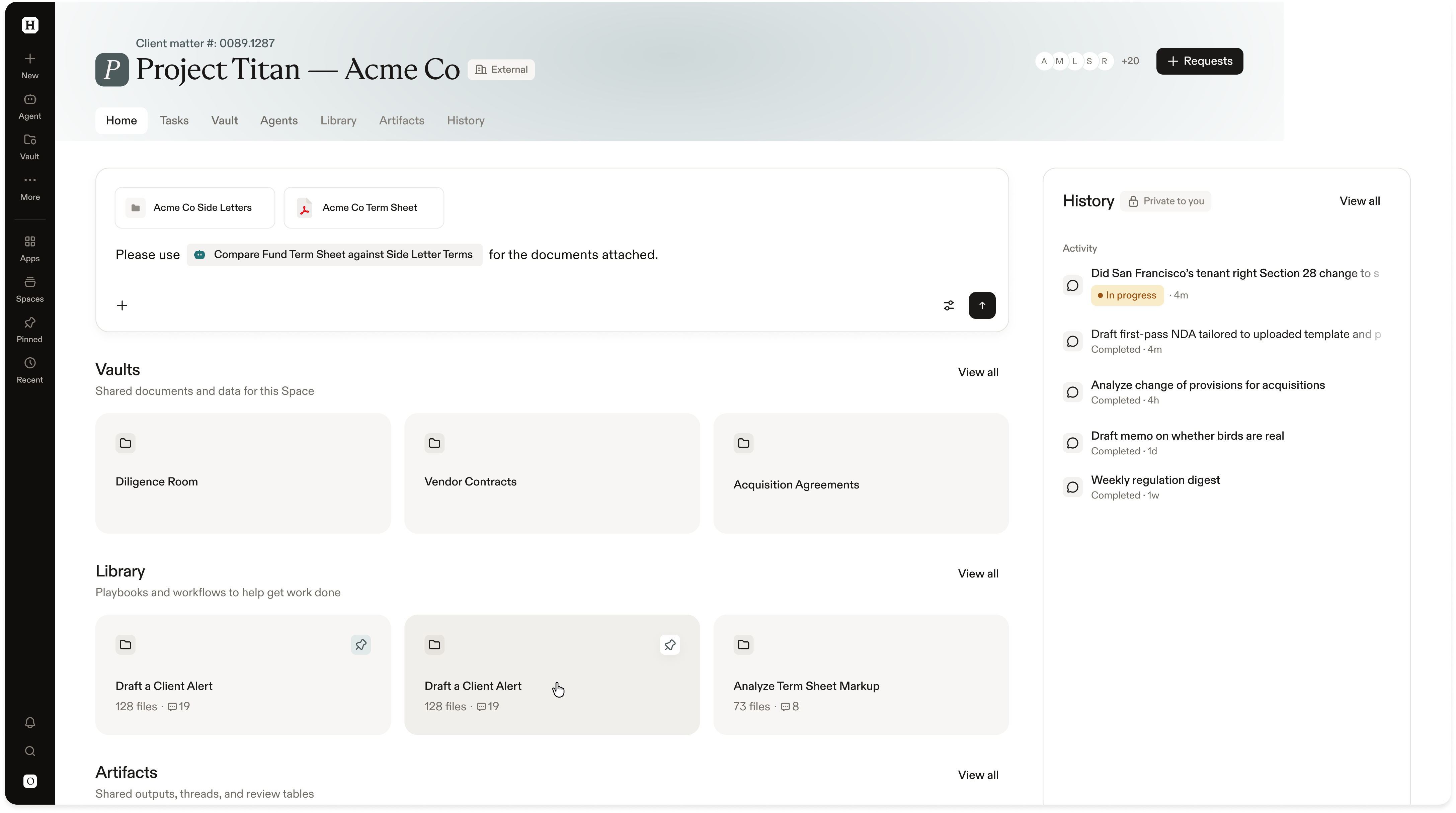 Harvey’s product interface illustrates legal work with AI. This product view is contextual imagery, not a LAB evaluation result.